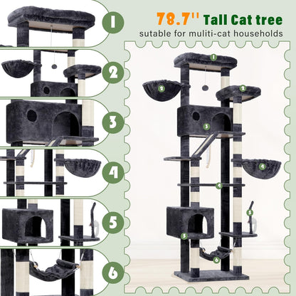 Cat Tree for Large Cats, 78.7"(200cm) Tall Cat Tower for Indoor Cats Multiple Cats with Large Top