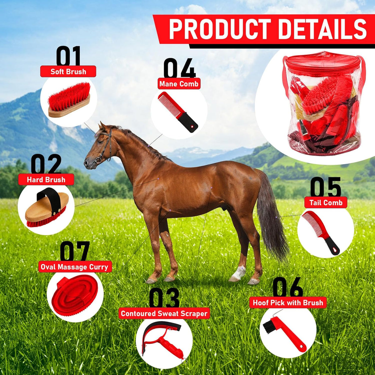 9 Pieces Horse Grooming Kit Tack Room Supplies Set with Organizer Tote Bag, Oval Massage Curry