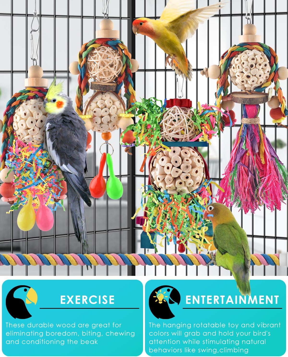Bissap Conure Toys, 5 PCS Bird Foraging Shredder Hanging Swing Rope Perch Toys Sola Balls with Sand