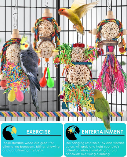 Bissap Conure Toys, 5 PCS Bird Foraging Shredder Hanging Swing Rope Perch Toys Sola Balls with Sand