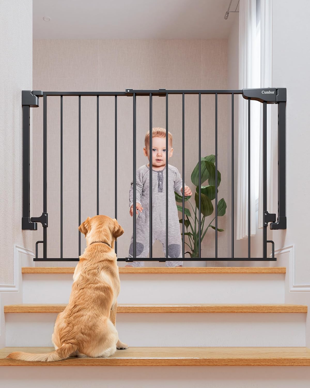 Cumbor 29.2-43" No Bottom Bar Baby Gate for Stairs, 2-in-1 Hardware Mounted Dog Gate Indoor, Wide