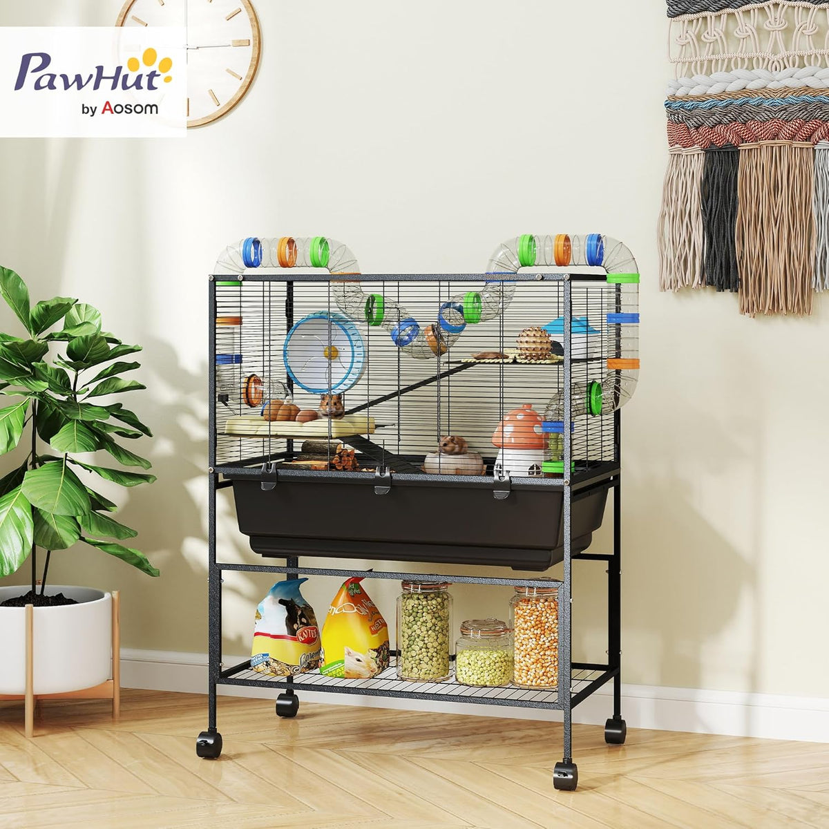 PawHut Hamster Cage with Deep Tray, 3 Tier Rolling Rat Cage with Storage Shelf, Big Exercise Wheel