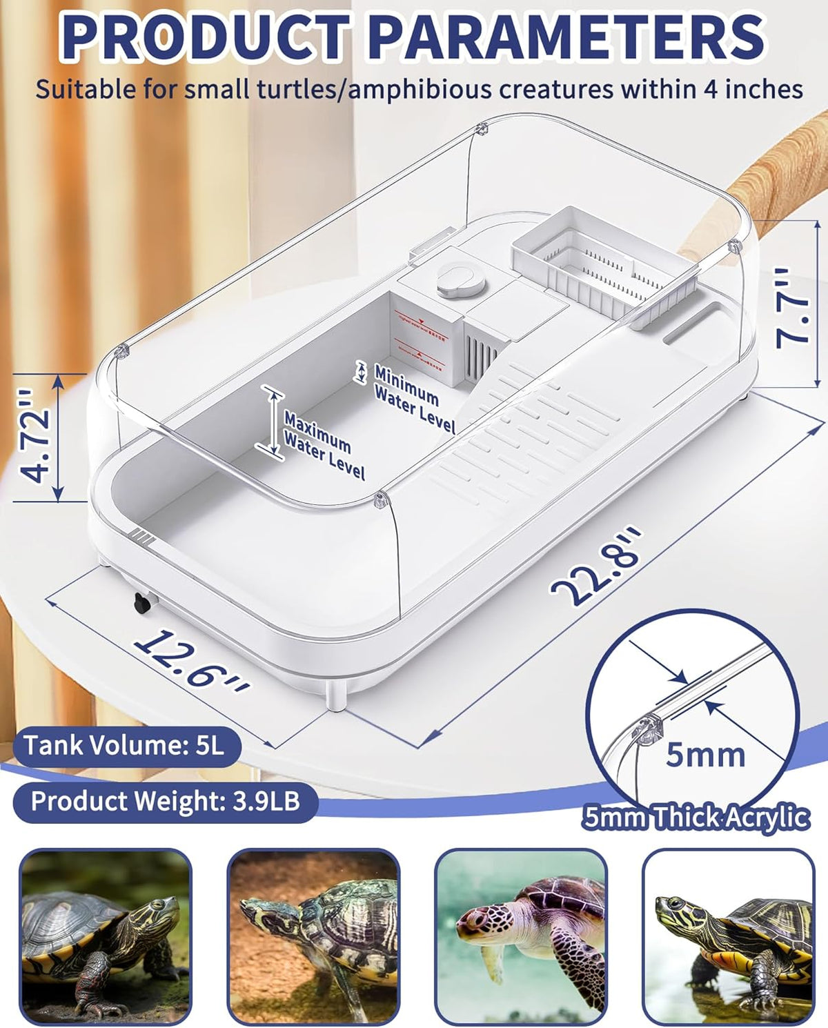 Large Turtle Tank with Water Pump, Acrylic Turtle Tank Starter Kit with Heightened and Curved