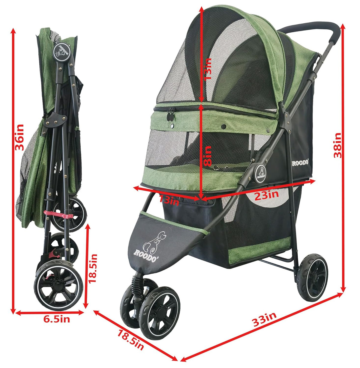 ROODO 3 Wheel Pet Stroller Best Lightweight Foldable Compact Portable Jogger All Terrain Travel Pet