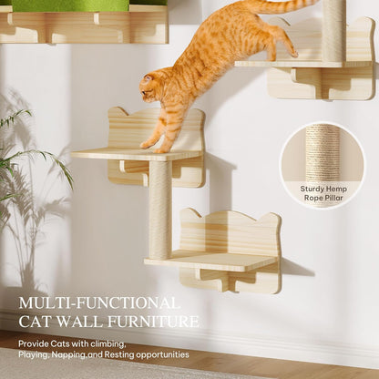 Cat Wall Shelves and Perches, Solid Wood Wall Cat Furniture, Set of 7 Feline Climbing Shelves with