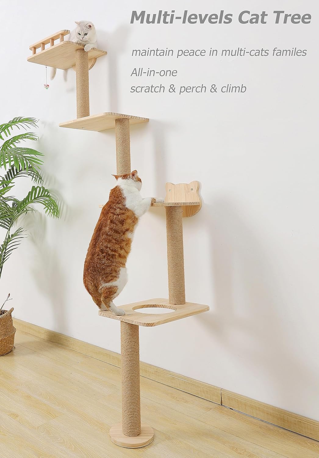 Cat Tree Wall Mounted with 4 Levels Shelves, 73" Wood Corner Tower Inside Kitten Playground for