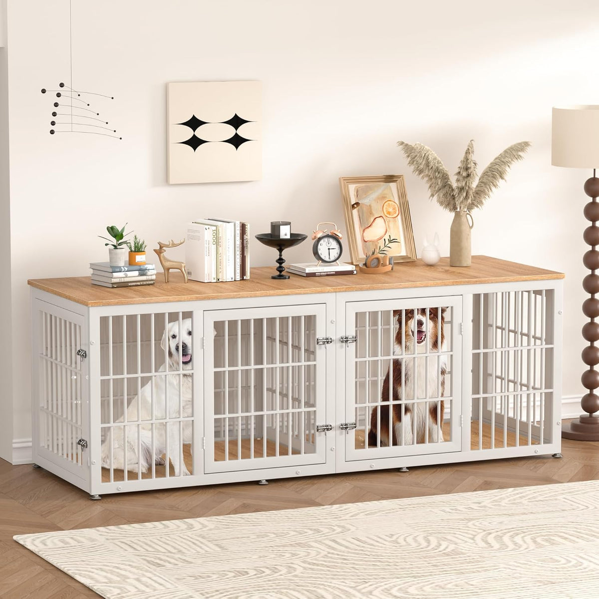78 Inch Double Dog Crate Furniture, Heavy Duty Extra Large Cage Furniture with Divider for 2 Dogs