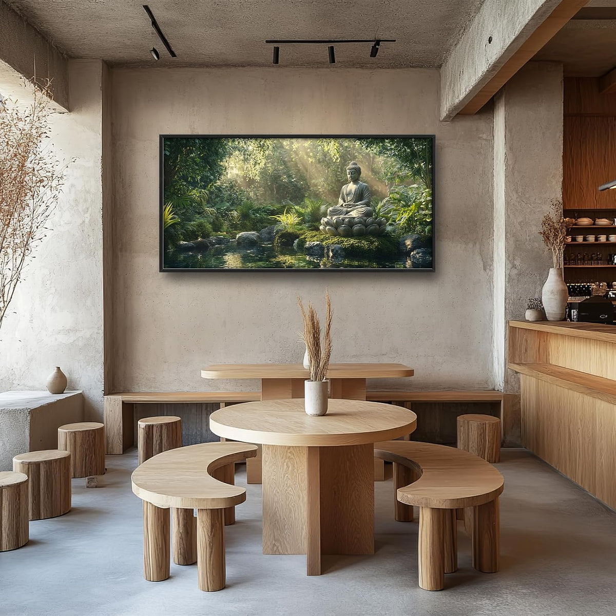 Large Buddha Forest Wall Art for Living Room, Framed Oversized Tree Lake Wall Decor, Nature