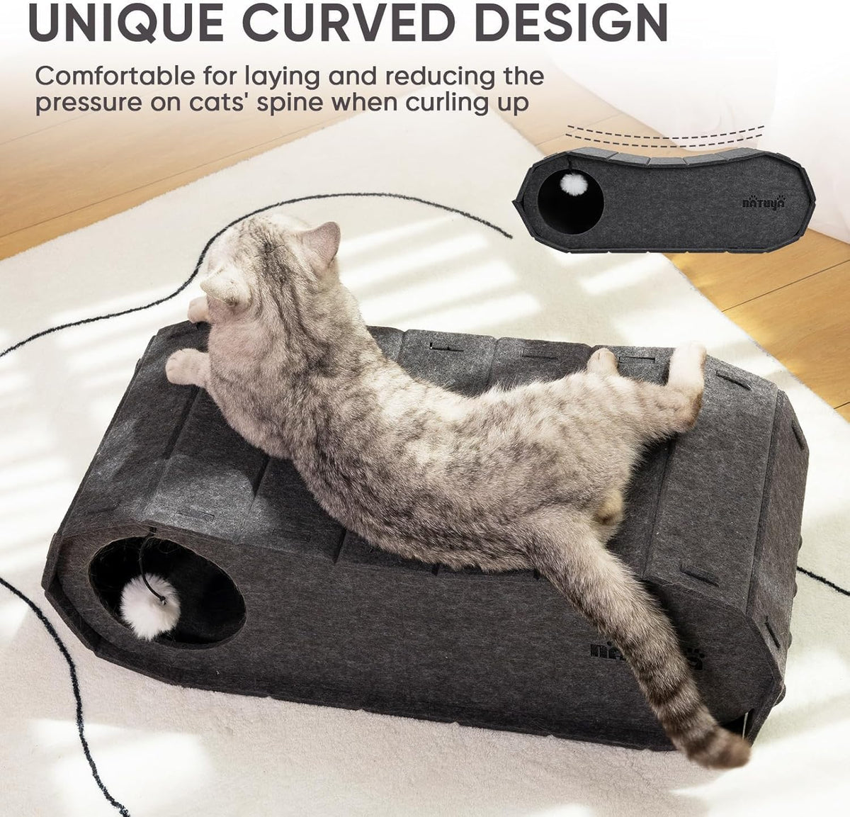 NATUYA Cat Bed Cave for Indoor Cats, Large Cat Lounge Cave Bed with Toy Ball, Enclosed Scratch