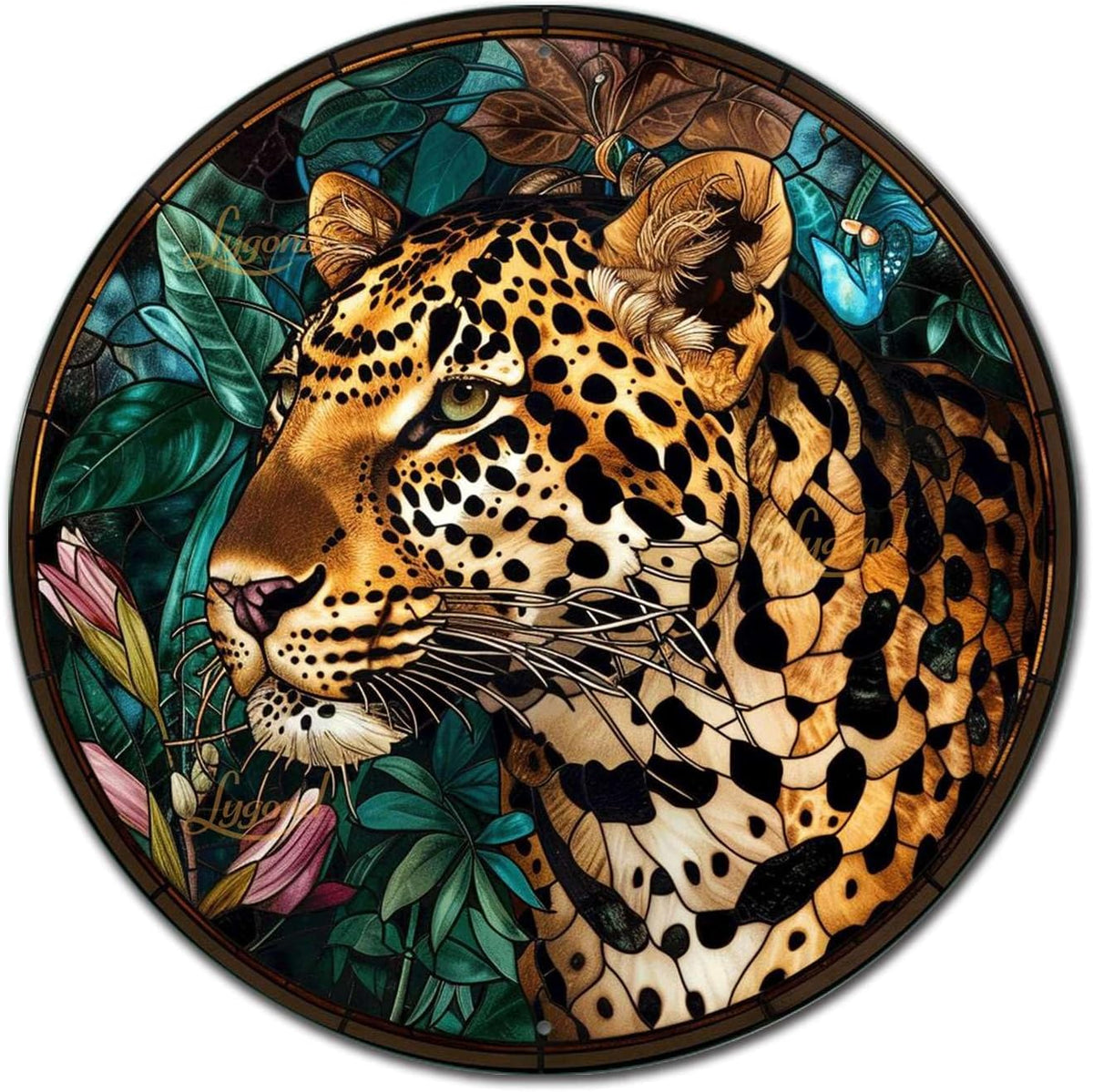 Lygond Metal Sign Tin Sign Circular Stained Glass Leopard Metal Signs Vintage For Restaurant 8×8