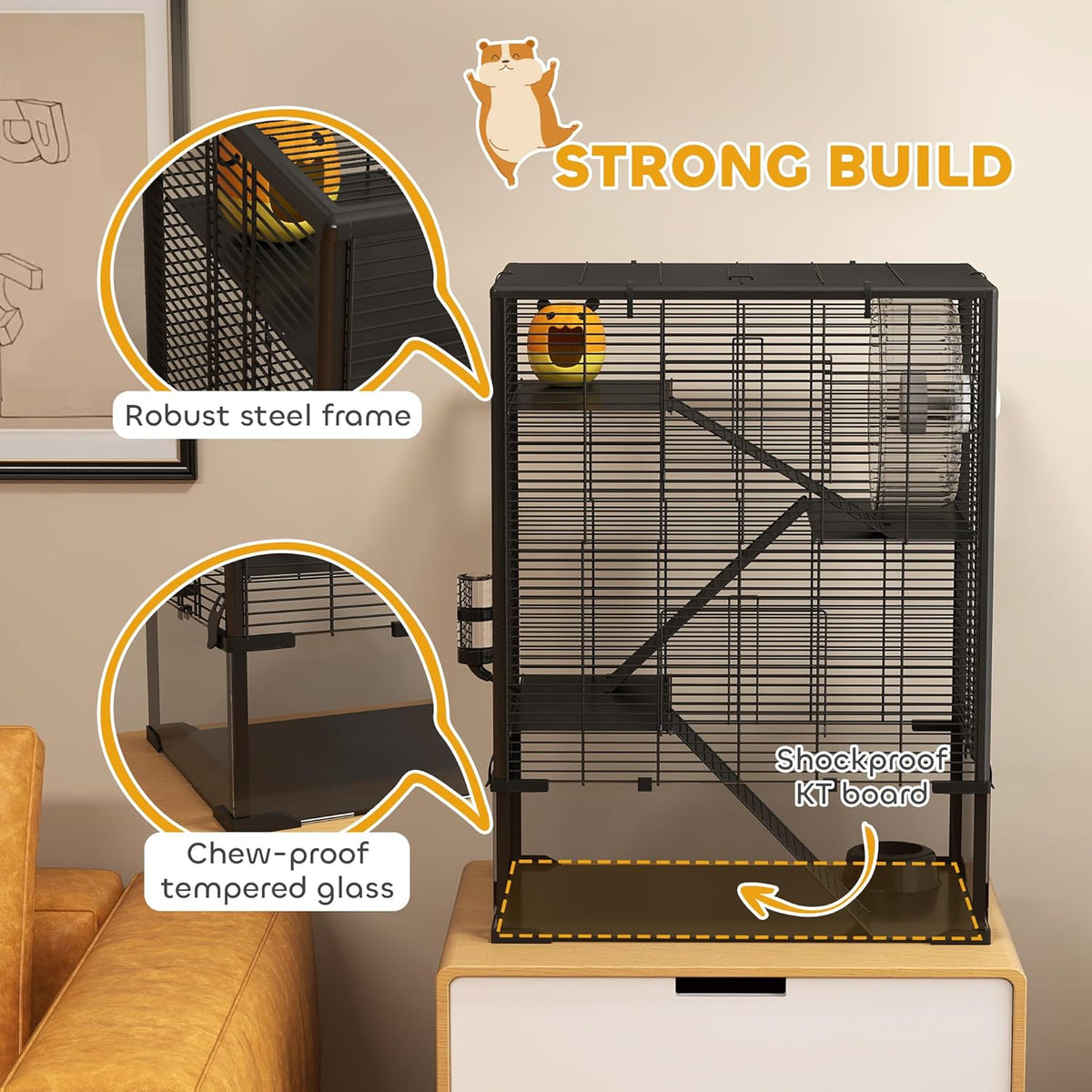 PawHut Large Hamster Cage with Deep Tempered Glass Bottom, 4 Tiers Hamster Tank with Running Wheel