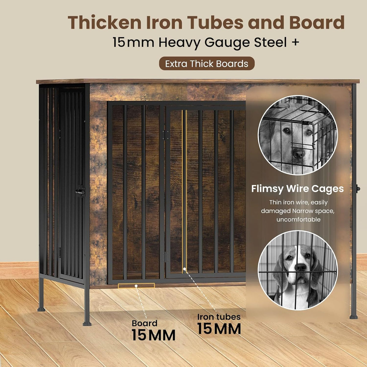 Dog Crate Furniture 40" Sturdy Heavy Duty Dog Kennel Solid Metal Tube Thick Wooden with 3 Lockable