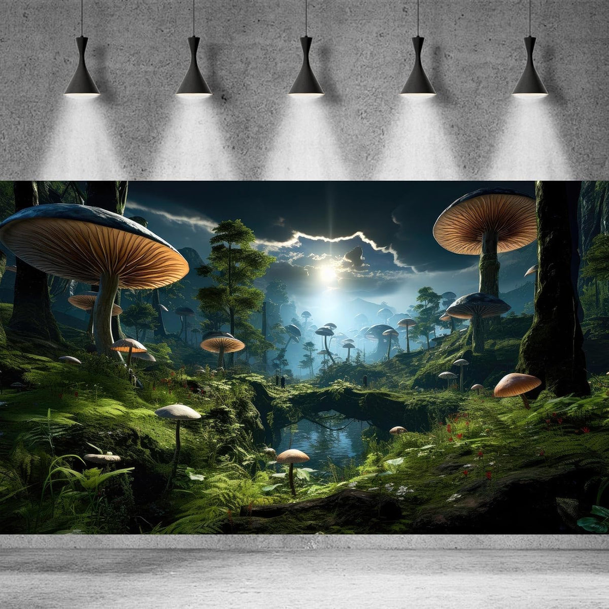 Fantasy Mushrooms Landscape Aquarium Background Tranquil Stream Cloudy Sky Terrarium Background