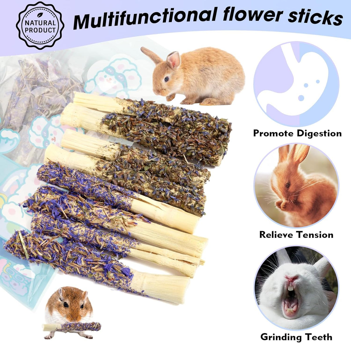 Abizoo Sweet Bamboo Rabbit Chew Sticks Treats and Toys 8Pcs Natural Hay with Forget-Me-Not Lavender