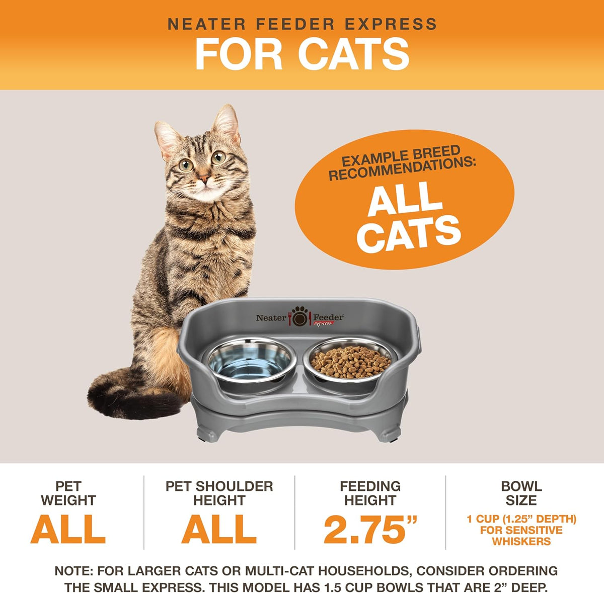 Neater Feeder Express Mess Proof Cat Bowls Elevated, No Spill Feeding Station, Stainless Steel