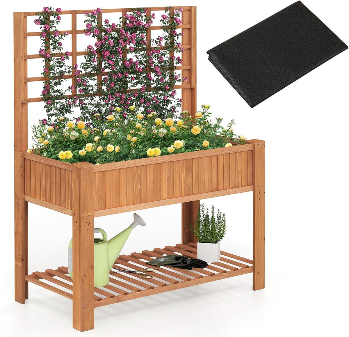 Giantex Raised Garden Bed with Trellis, Wooden Elevated Planter Box with Legs, Drainage Holes for