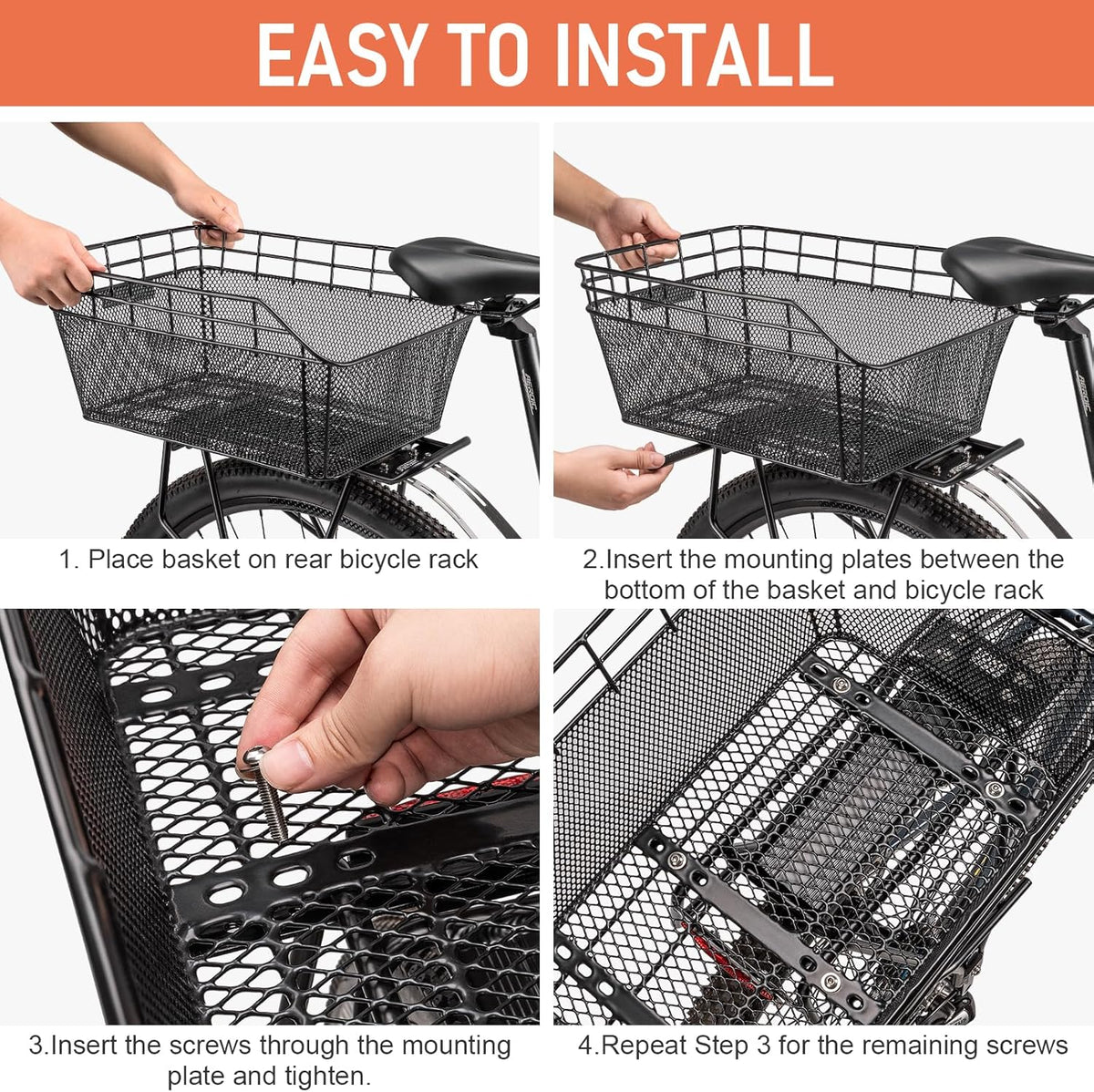 Rear Bike Basket - Large Bicycle Rear Basket with Cargo Net and Waterproof Cover, Wire Bike Baskets