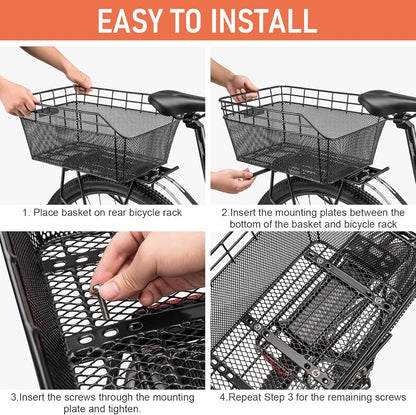 Rear Bike Basket - Large Bicycle Rear Basket with Cargo Net and Waterproof Cover, Wire Bike Baskets