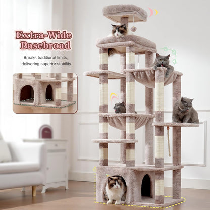 Heybly Heavy Duty Cat Tree, 71-Inch Tall Tower for Large Maine Coon with Extra-Large Baseboard, Cat