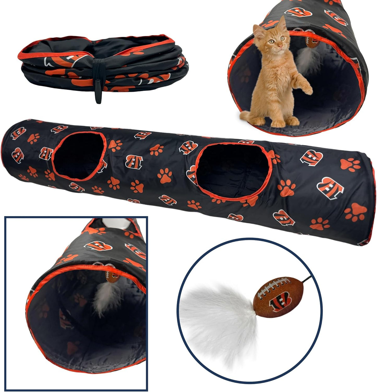 NFL Cincinnati Bengals Cat Tunnel Tube Toy with Plush Football Catnip and Feathers Collapsible