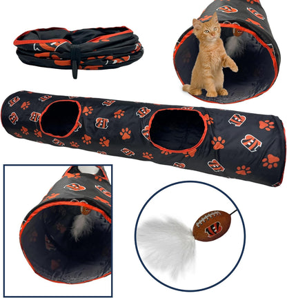 NFL Cincinnati Bengals Cat Tunnel Tube Toy with Plush Football Catnip and Feathers Collapsible