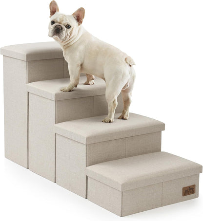 Dog Stairs with Storage, 4-Step Wider Sturdy Dog Steps for Small/Medium/Large Dogs and Older Cats