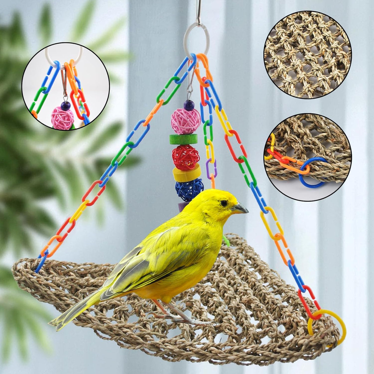 Bird Swing Toys,Bird Seagrass Mat Edible Hammock Parrot Lounger with Toys Handmade Woven Hanging