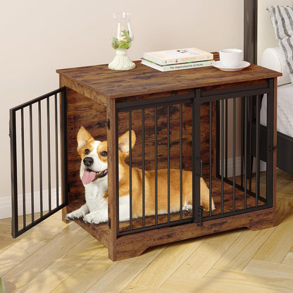 31.9" Dog Crate Furniture with Barn Door, Heavy Duty Dog Kennel Indoor with 2 Doors, Wooden Pet