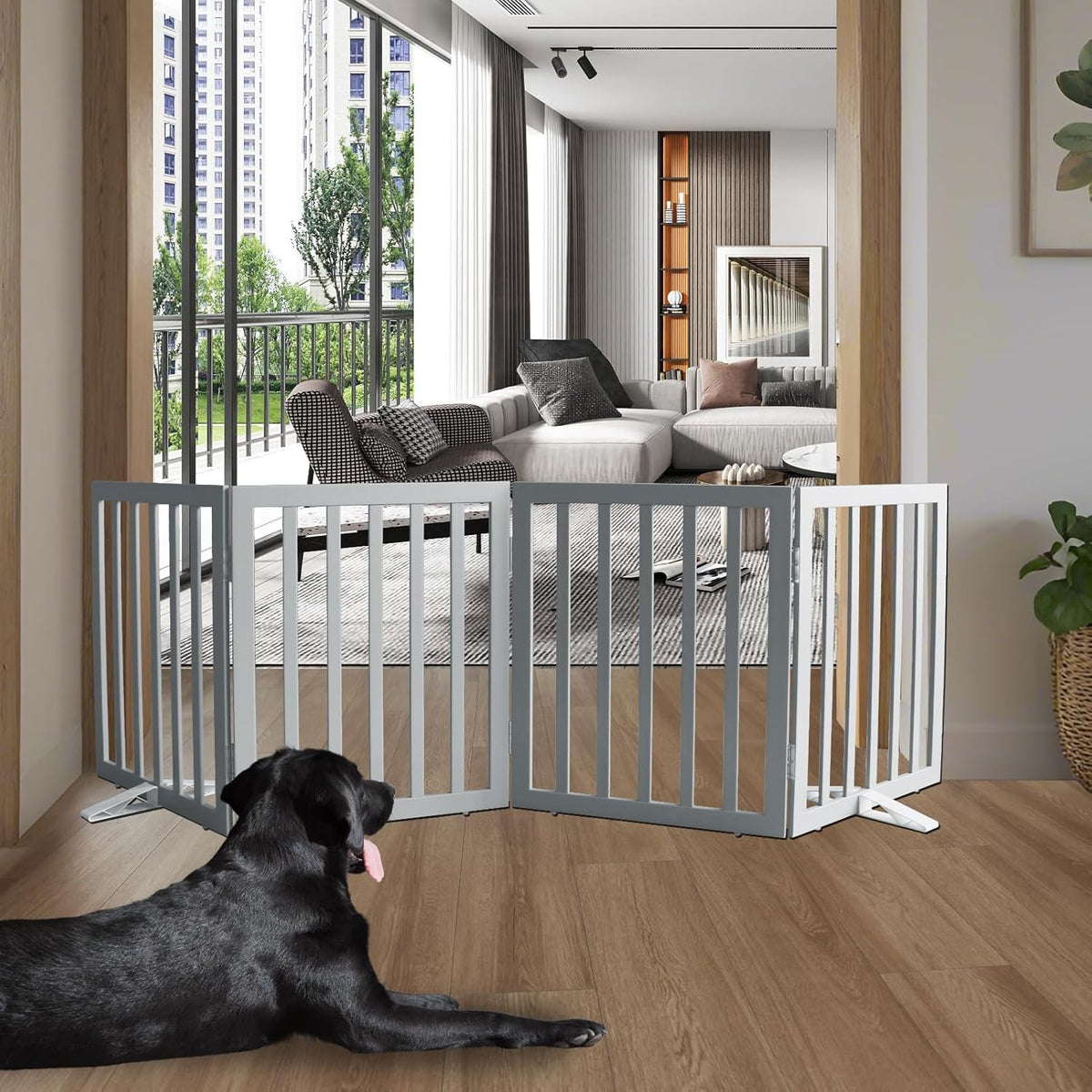 ZJSF Freestanding Indoor Dog Gate for House Foldable Wood Puppy Gate for Doorways Pet Gate for