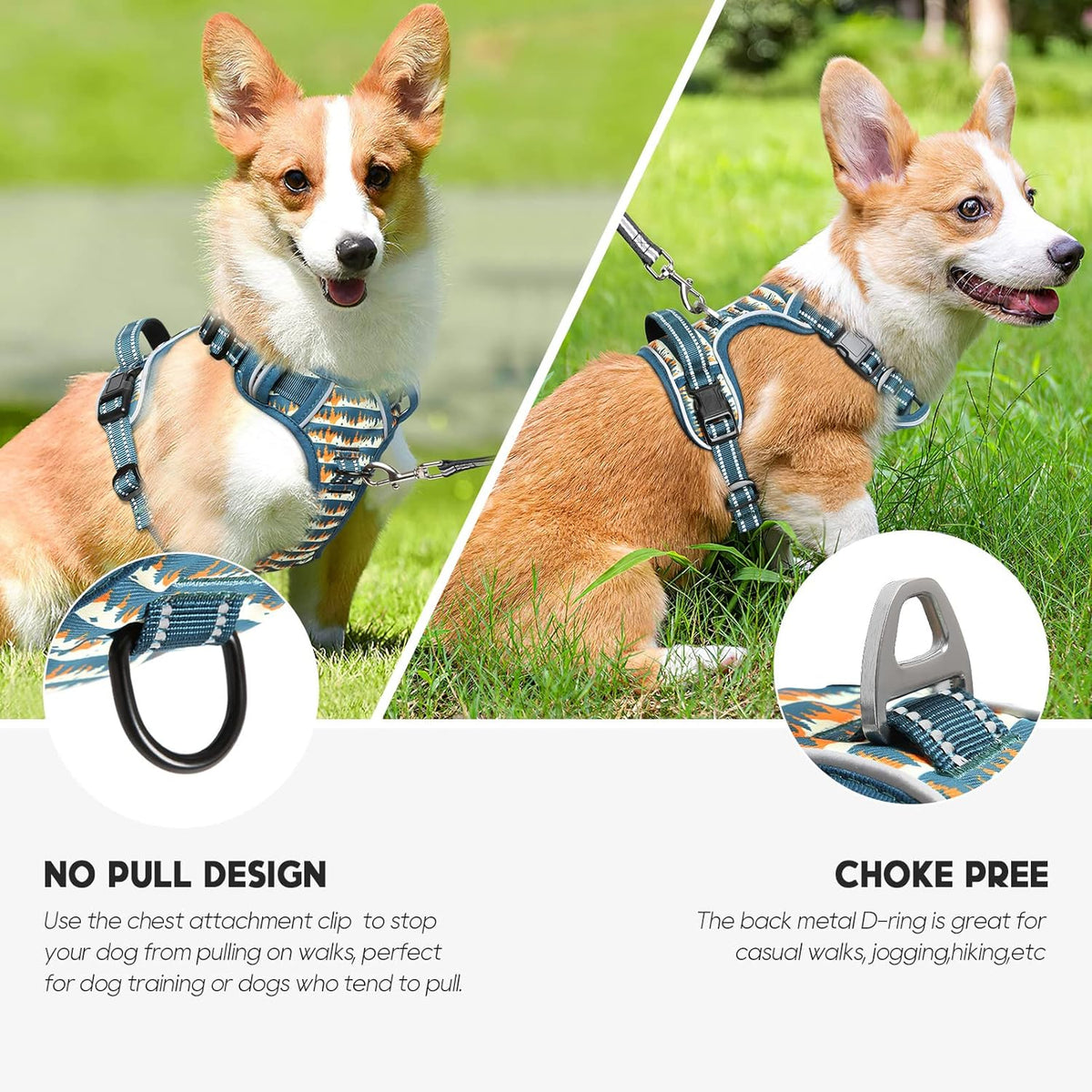 Timos Dog Harness, NO Need Go Over Dogs Head 3 Snap Buckles with 2 Leash Clips, Adjustable Soft