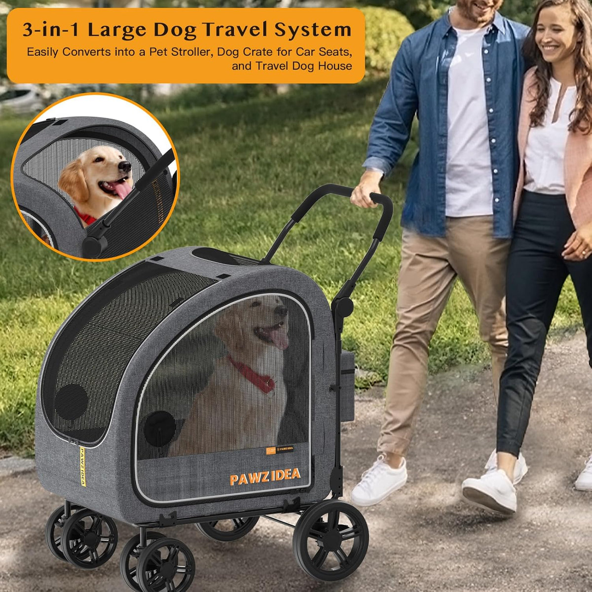 PAWZIDEA Dog Stroller for Large Dogs, Pet Stroller with Detachable Carrier for Portable Dog Crate