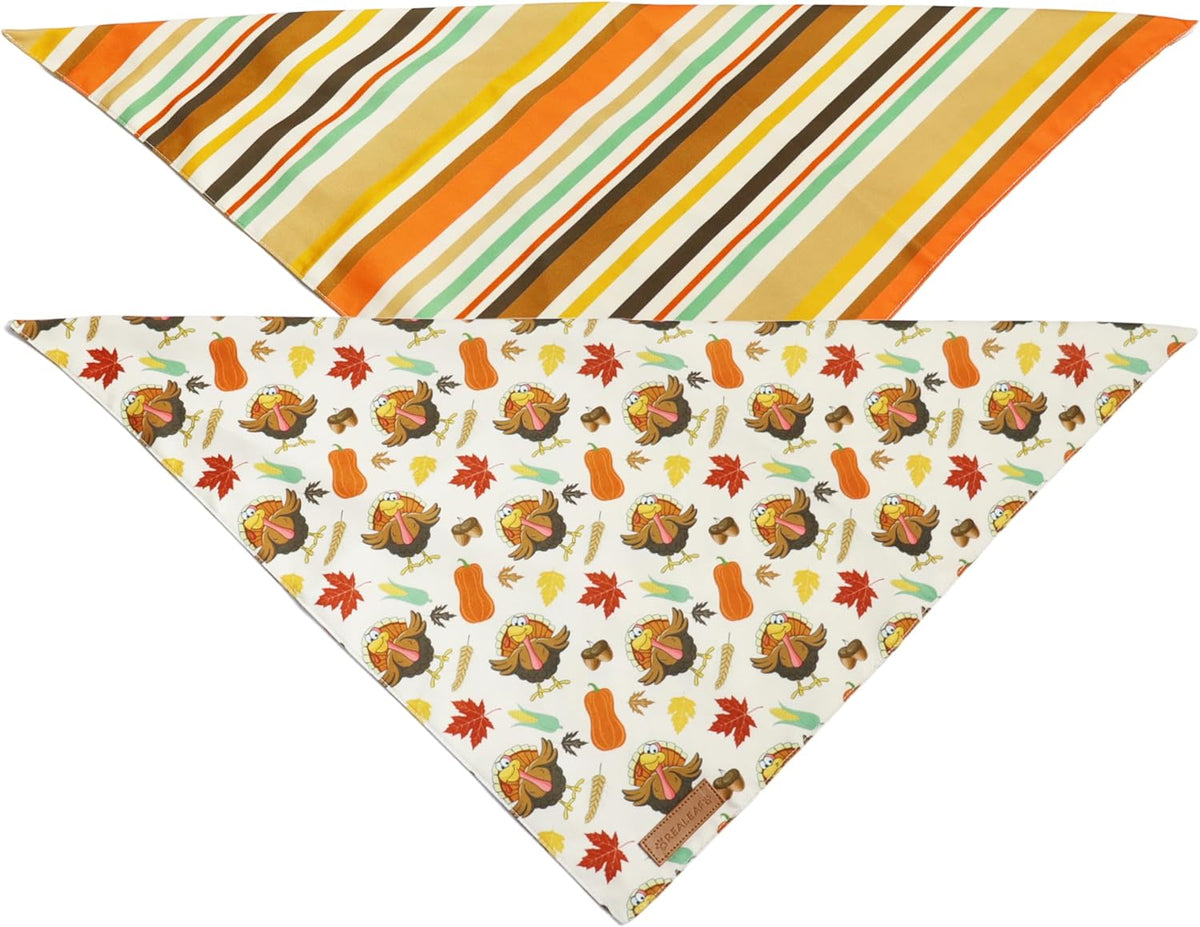 Realeaf Thanksgiving Dog Bandanas 2 Pack,Turkey Pumpkins Fall Stripe Pet Scarf for Boy and Girl