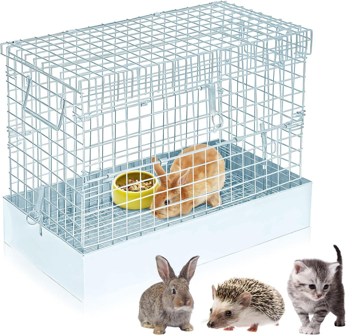 Folding Rabbit Cage, 18 x 10 x 14 in Portable Bunny Carrier with Tray and Handles for Transport