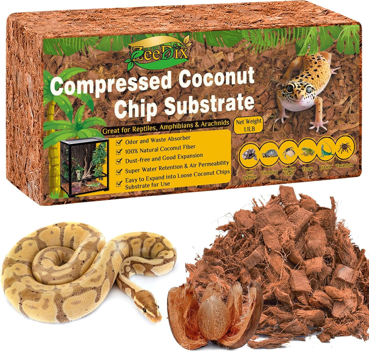 ZeeDix Natural Coconut Chips Substrate for Reptiles, Coconut Fiber Husk Reptiles Bedding