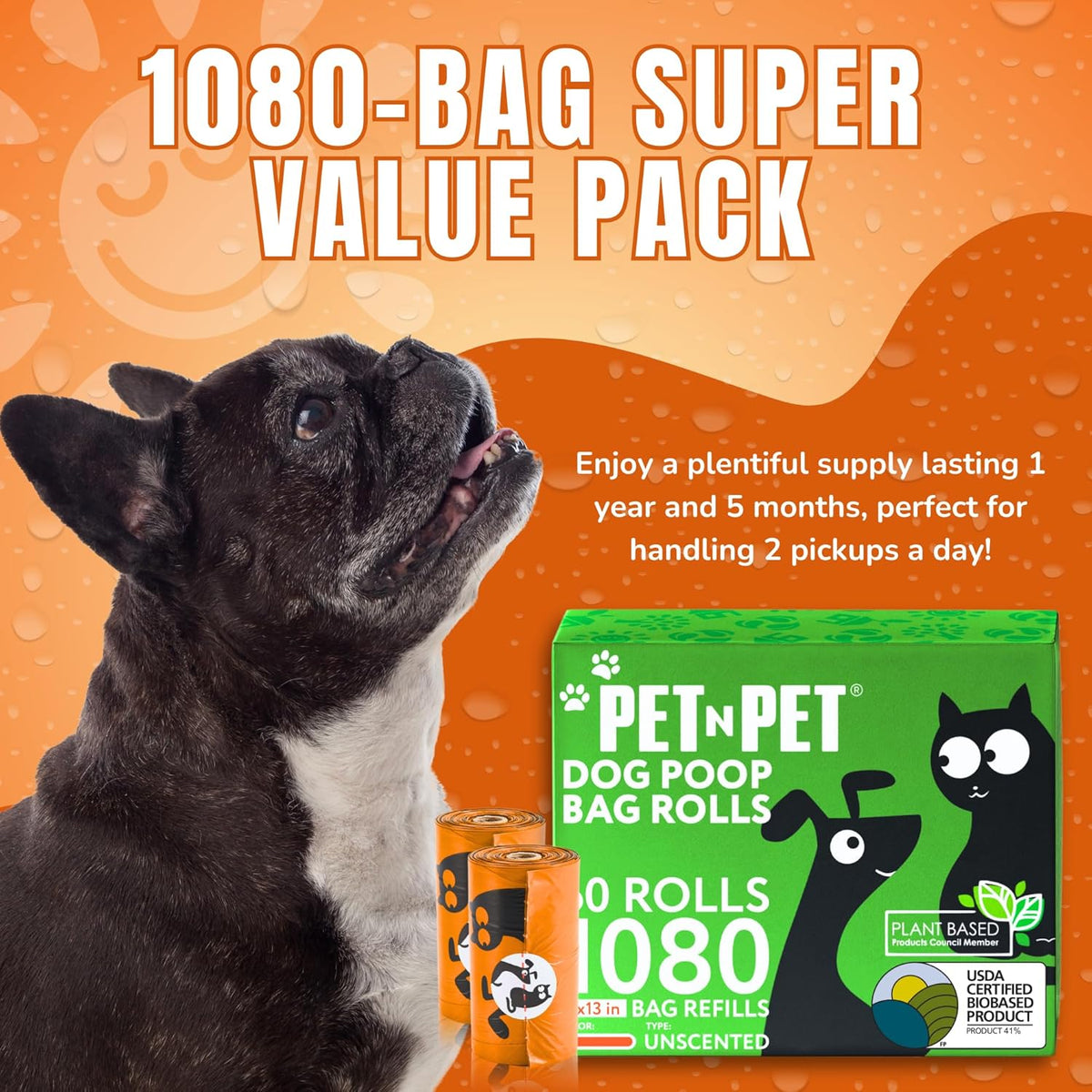 Pet N Pet 1080 Counts Orange Poop Bags for Dogs, 41% Plant Based & 59% PE Extra Thick Dog Poop Bags