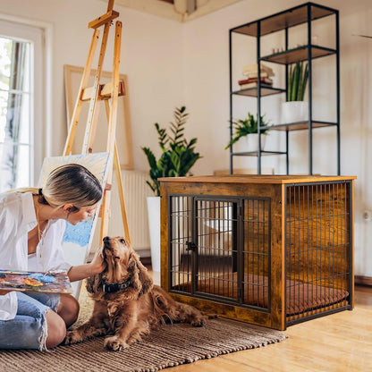 Bigrab Dog Crate Furniture with Thick Cushion, Side End Table Wooden Dog Cage with Double Doors