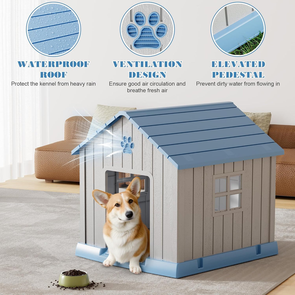 Large Dog House Outdoor Indoor for Medium Large Dogs, Durable Plastic Waterproof Doghouse with Air
