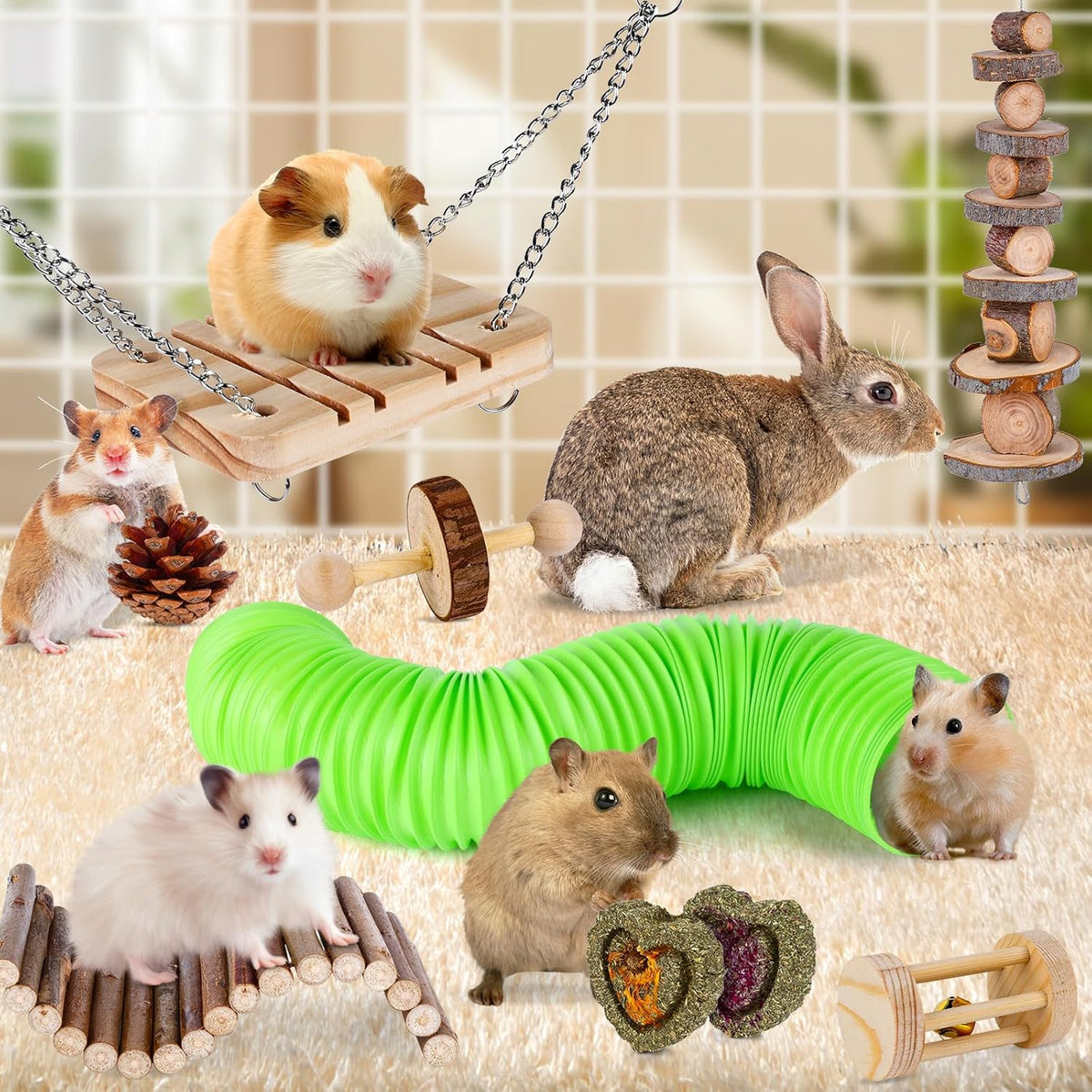VESPRO Hamster Toys Set, Guinea Pig Toys Small Animal Chewing Toy and Rat Cage Accessories