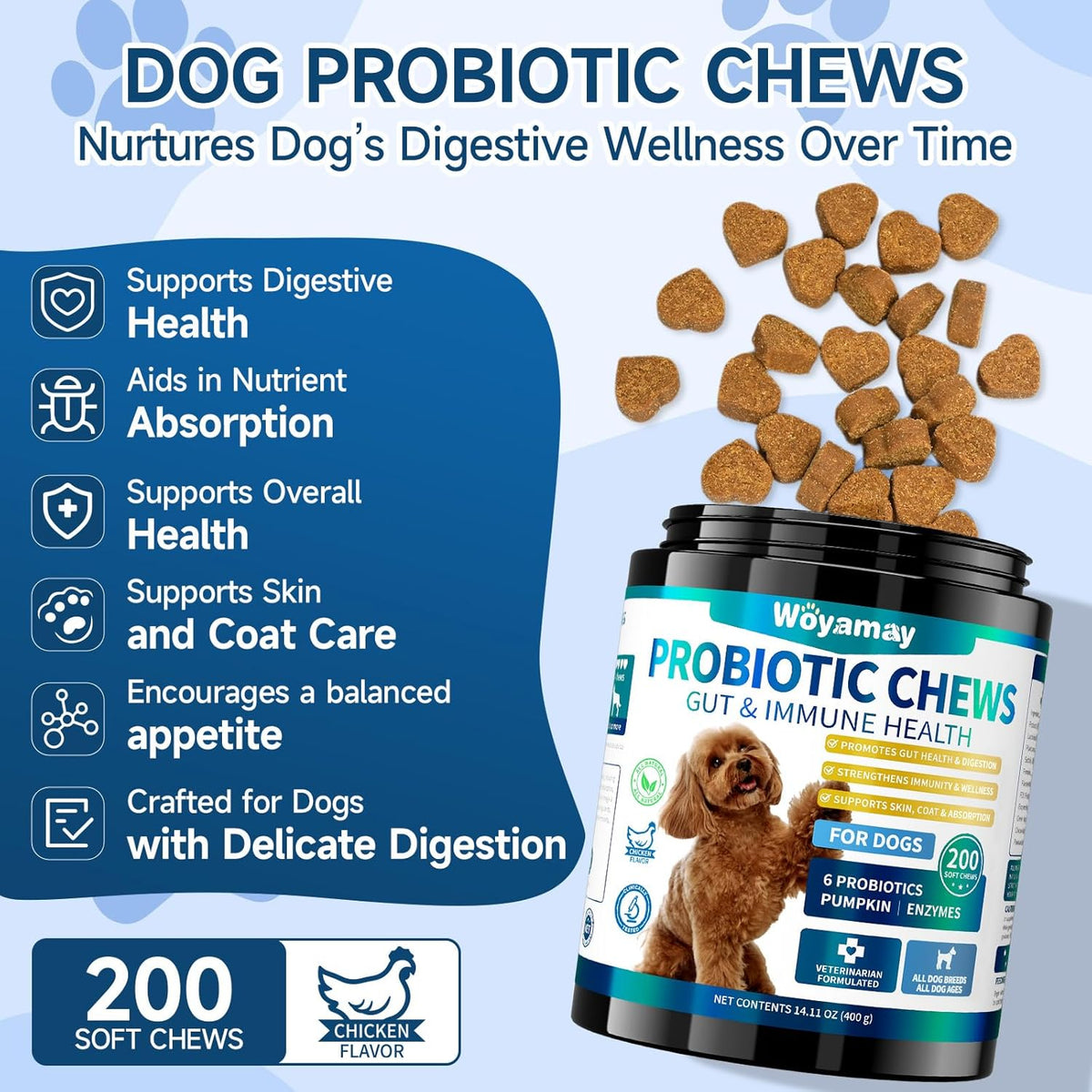 Dog Probiotic for Dogs, 200 Soft Treats Dog Probiotics for Digestive Health & Immune System