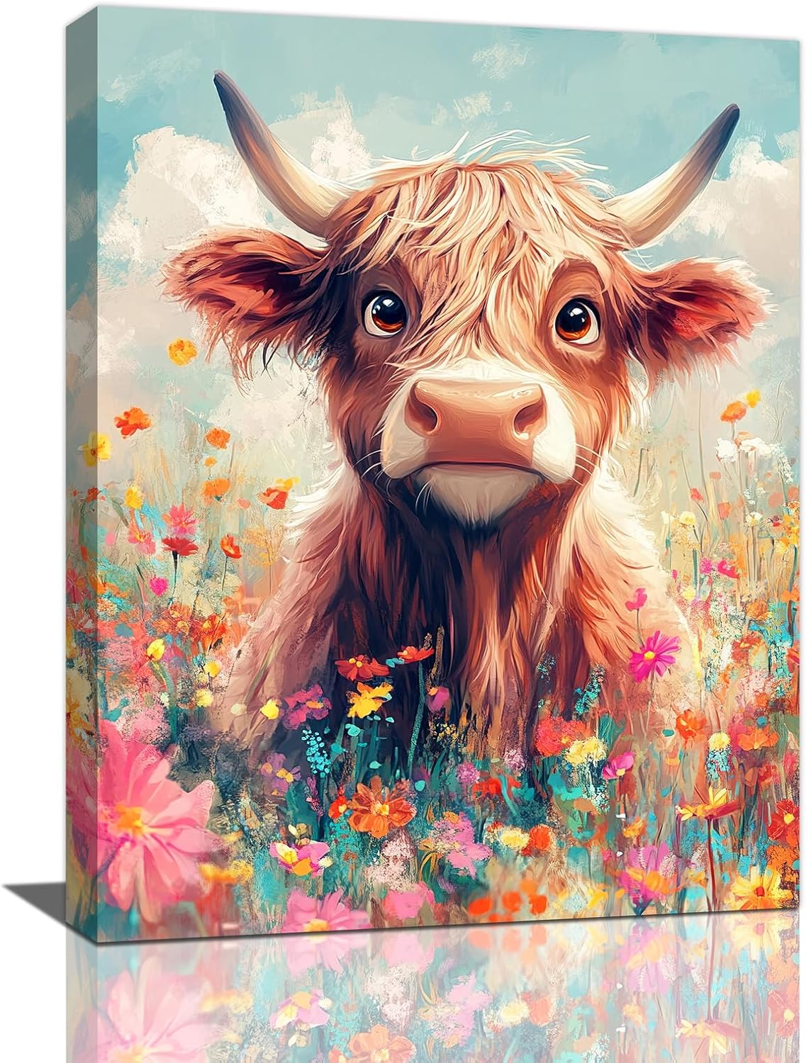 Highland Cow Wall Art Canvas Flower Cattle Wall Decor Prints Framed Painting Animal Pictures Gifts