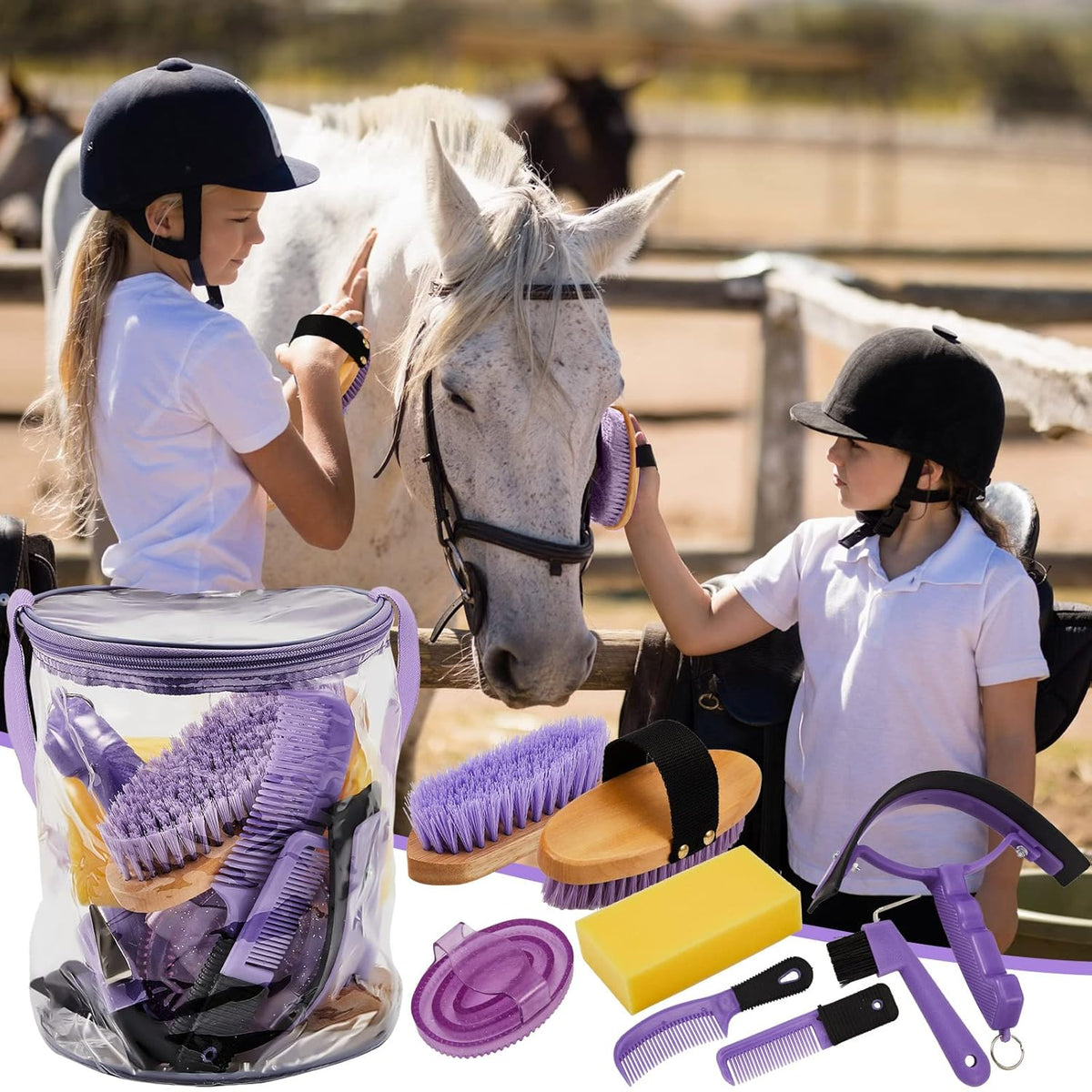 9 Pieces Horse Grooming Kit Tack Room Supplies Set with Organizer Tote Bag, Oval Massage Curry
