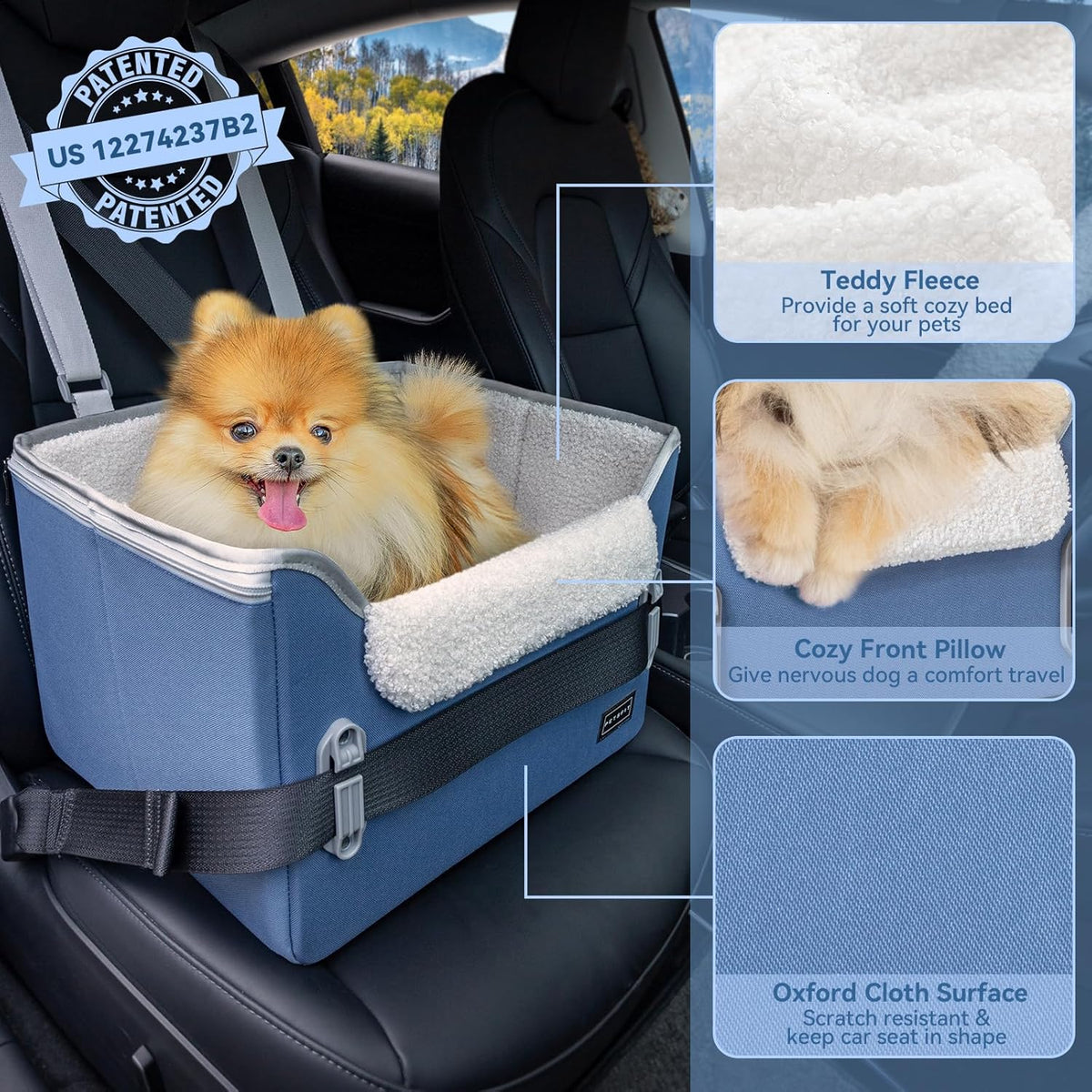 PETSFIT Small Dog Car Seat, Patent Safe Buckles Dog Booster Car Seat, Puppy Car Seat with Safety