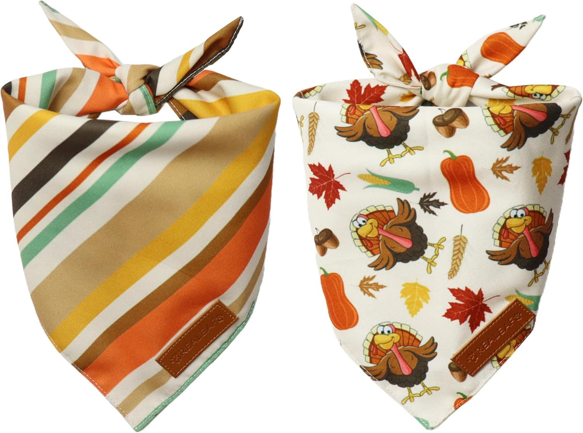 Realeaf Thanksgiving Dog Bandanas 2 Pack,Turkey Pumpkins Fall Stripe Pet Scarf for Boy and Girl
