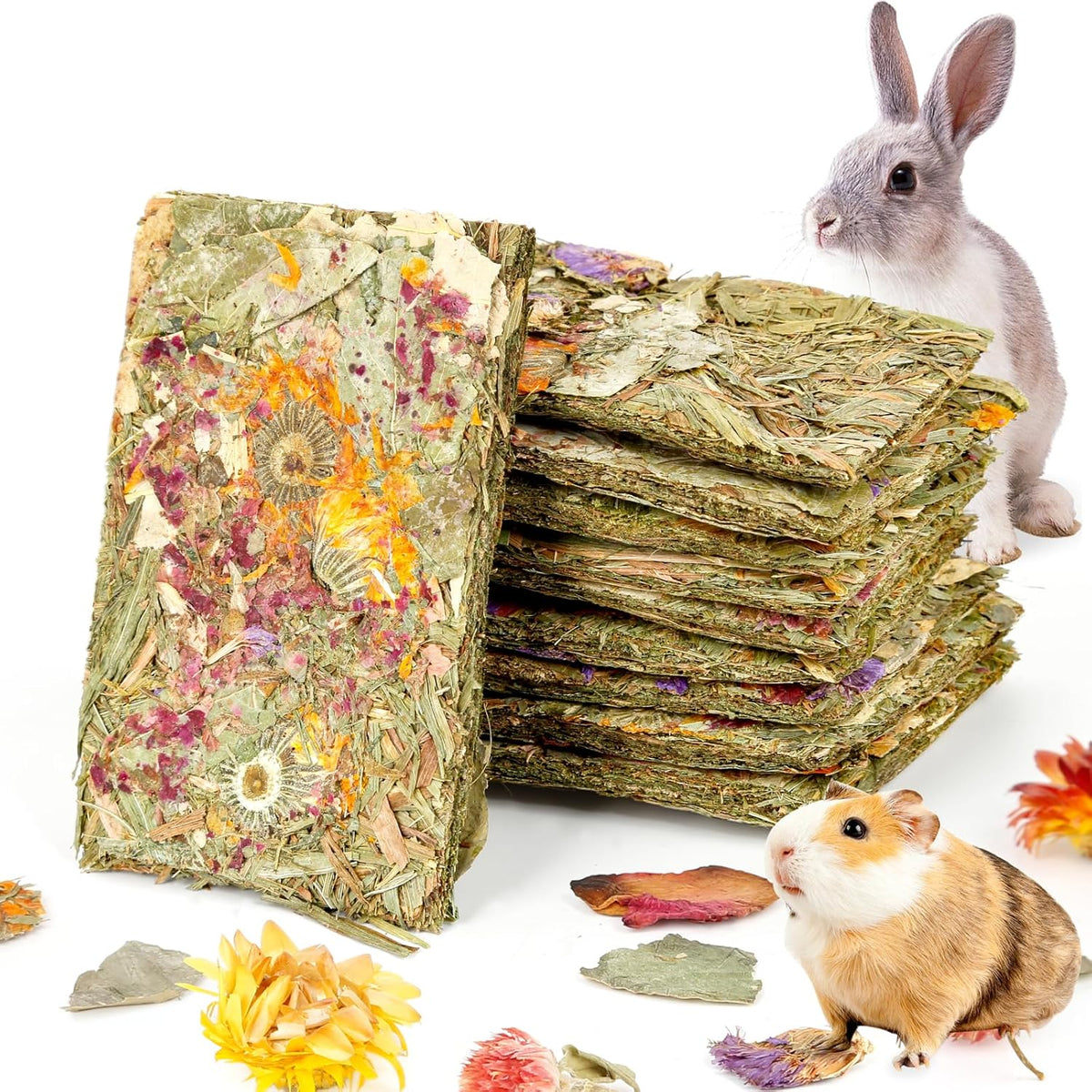Abizoo Rabbit Natural Treats,10Pcs Timothy Hay Toys Chips Bunny chew Toys with Herbal Flowers