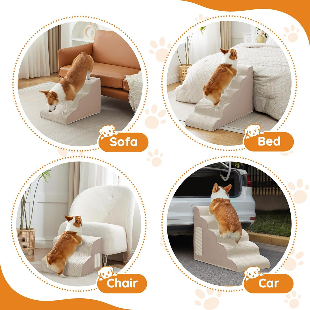 Dogs Steps for Bed, Dog Stairs for Small Dogs, 4-Step Dog Ramp for Bed, Couch, Sofa, and Chairs