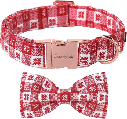 Unique Style Paws Christmas Day Dog Collar with Bow Christmas Red Papercut Cotton Puppy Collars for