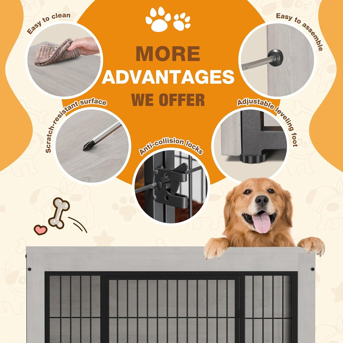 Bigrab Dog Crate Furinture with Thick Cushion, Side End Table Wooden Dog Cage with Double Doors
