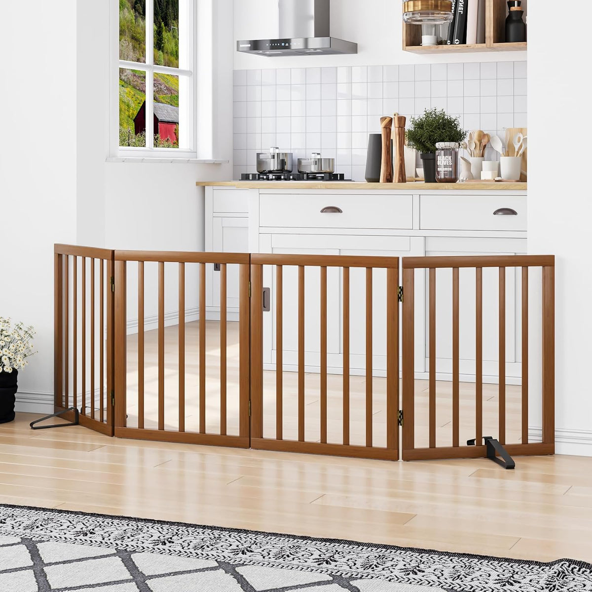 Freestanding Pet Gate Foldable 4 Panel Dog Gate Walnut Dog Gates for Stair Doorways House Indoor (2