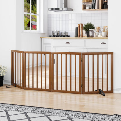 Freestanding Pet Gate Foldable 4 Panel Dog Gate Walnut Dog Gates for Stair Doorways House Indoor (2
