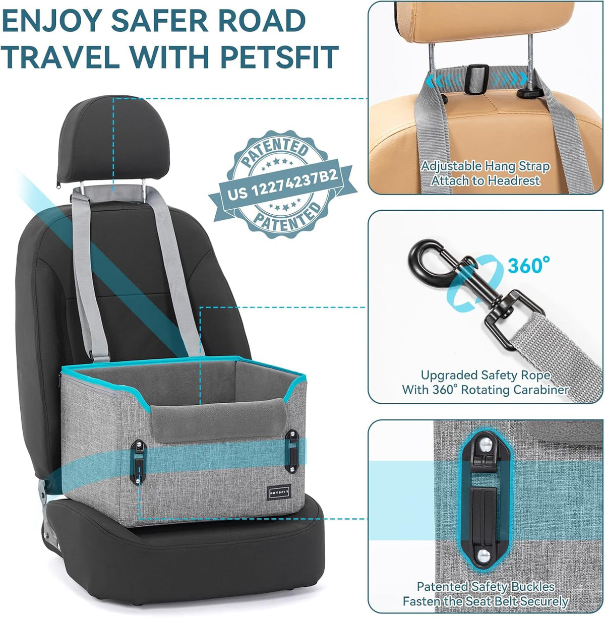 PETSFIT Dog Car Seats for Small Dogs, Patent Safety Buckles Dog Booster Car Seat, Dog Carseat with